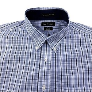 Paul Fredrick Dress Shirt Mens 18.5 37 Blue Plaid Classic Fit Non Iron Cotton